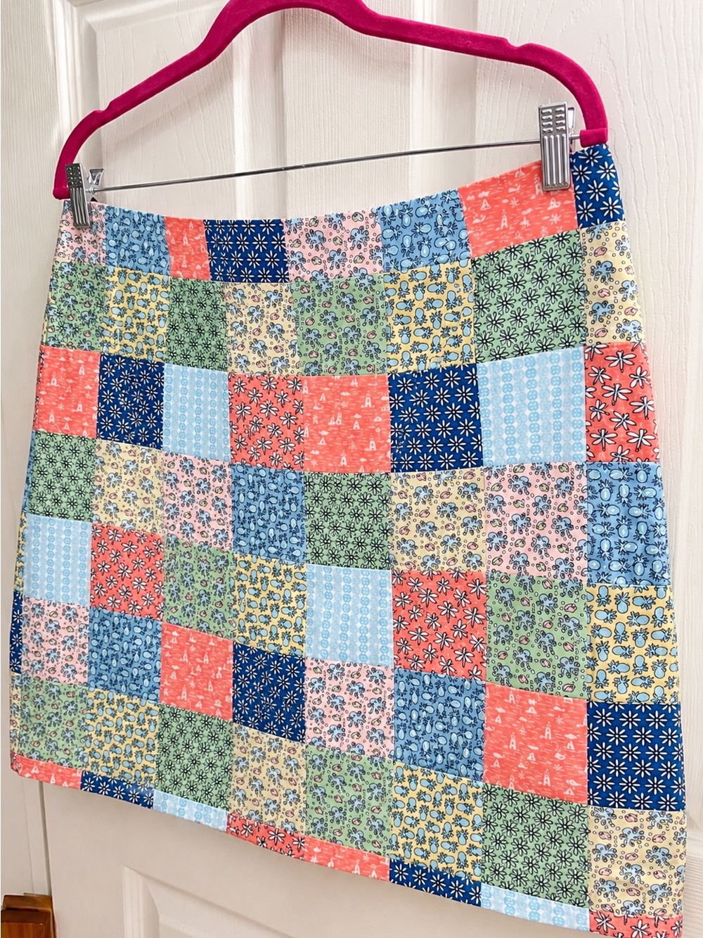 Patchwork Print Mini Skirt in Coral, Blue, Green